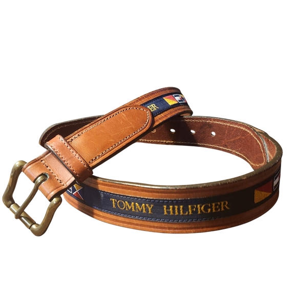 Tommy Hilfiger Leather Ribbon Inlay Flag Motif Coastal Prep Made In USA  Mens 34 - Picture 1 of 12